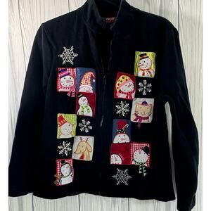 Vintage Christmas Sweater Onque Cardigan Womens Size L Black Snowmen Zip Front